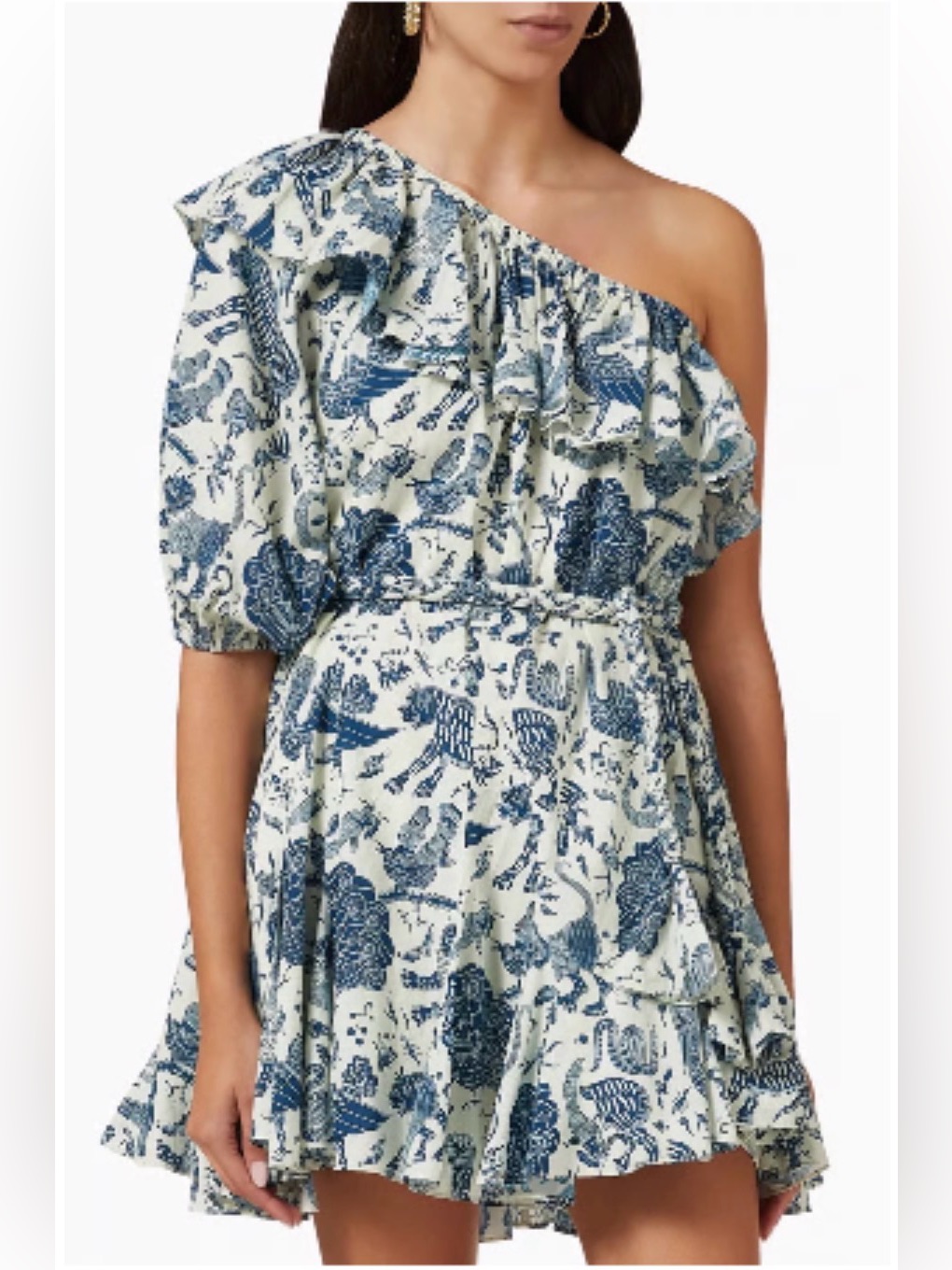 Rhode Ozzie One-Shoulder Blue & White Printed Ruffle Mini Dress Sariska Safari